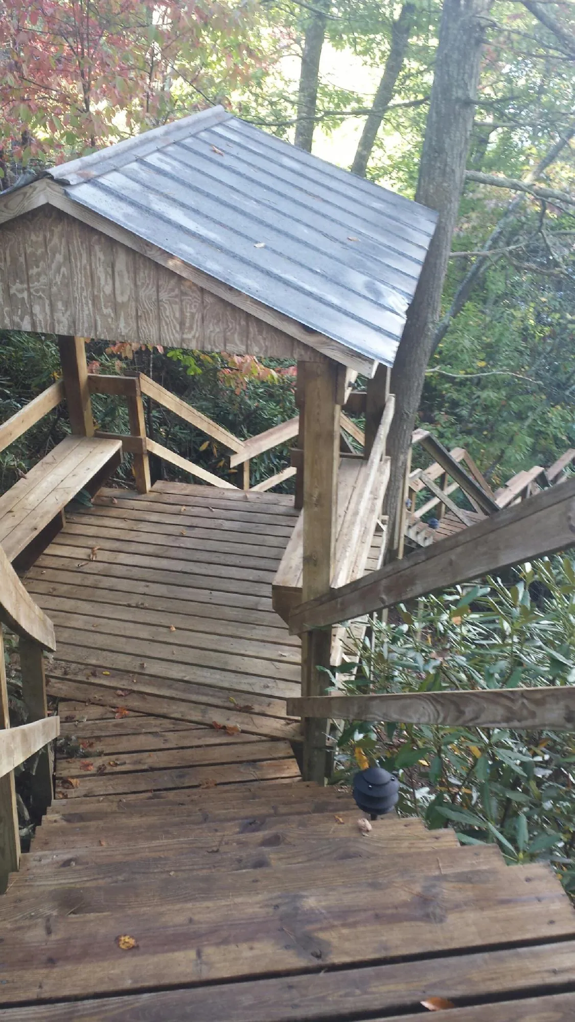 Metal roofed shelter over wooden steps on a wooded walkway — Skylight Repair & Installation work by our crew in Mason